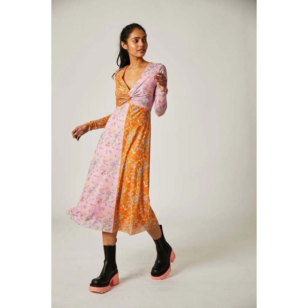 Rachel Antonoff Olivia Mesh Floral Midi Dress Size 2 Orange Pink Colorblock L/S